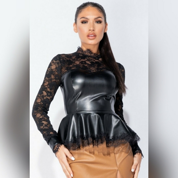 1 LEFT!! Wet Look & Lace Faux Leather Peplum Top - Picture 9 of 14